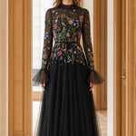 Floral Embroidered High-Neck Tulle Maxi Dress with Tiered Bell Sleeves