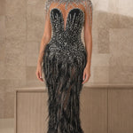 Exquisite Beaded Illusion Feather Evening Gown