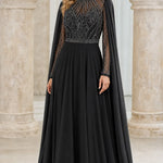 Elegant Beaded High-Neck Chiffon Evening Gown with Cape Sleeves
