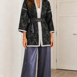 Women's Elegant Jacquard Belted Kimono Cardigan with Tassel Tie