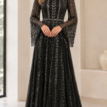 Sequined High-Neck Long Sleeve Evening Gown with Bell Sleeves