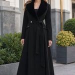 Elegant Faux Fur Shawl Collar Belted Maxi Flare Coat