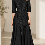 Embroidered 3/4 Sleeve A-Line Maxi Evening Gown with Mandarin Collar