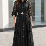 Floral Lace Button-Down Shirt Midi Dress with Ornate Buckle Belt