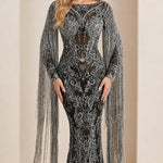 Beaded Cape Sleeve Mermaid Evening Gown with Fringe Tassels