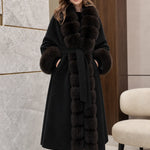 Women's Elegant Faux Fur Trim Belted Long Wool-Blend Overcoat