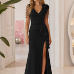 Elegant V-Neck Ruffled Slit Evening Gown with Beaded Floral Detail