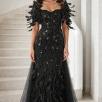 Feather Applique Sequin Embroidered Evening Gown with Tulle Overskirt