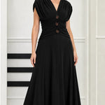 Elegant Ruched Waist V-Neck Midi Dress with Embellished Accents