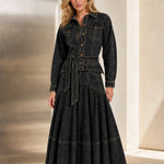 Long Sleeve Belted Button-Down Denim Maxi Shirt Dress