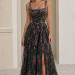Floral Embroidered Sequin A-Line Evening Maxi Dress with Slit