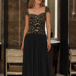 Cap Sleeve Beaded Bodice Pleated Chiffon Evening Gown