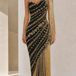 One-Shoulder Beaded Fringe Evening Gown