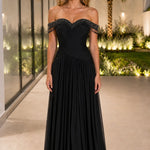 Off-The-Shoulder Beaded Fringe Ruched Chiffon Evening Gown