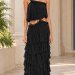 One-Shoulder Cutout Tiered Ruffle Maxi Dress with Braided Rope Trim