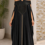 Off-the-Shoulder Pleated Yoke Kaftan Maxi Dress with Slit Cape Sleeves