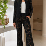 Floral Lace Two-Piece Pant Suit Set with Stand Collar Jacket and Flare Trousers