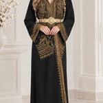 Embroidered Moroccan Kaftan Maxi Dress with Ornate Waist Belt