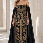 Off-the-Shoulder Embroidered Cape Evening Gown