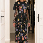 Floral Appliqué Capelet Sheer Sleeve Formal Evening Gown