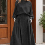 Women's Striped Boat Neck Blouson Maxi Dress with Contrast Cuffs