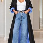 Maxi Contrast Pinstripe Lined Trench Coat with Lapel Collar