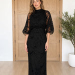 High Neck Embellished Mesh Maxi Dress with Sheer Balloon Sleeves