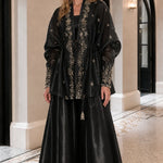 Embroidered Metallic Sheer Overcoat and Wide-Leg Pants Set