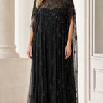 Elegant Beaded Mesh Cape Maxi Dress
