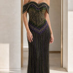 Off-Shoulder Beaded Fringe Long Evening Gown