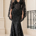 Floral Lace Cape Sleeve Mermaid Evening Gown with Corset Bodice