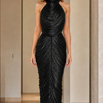High Neck Pleated Shimmer Backless Maxi Evening Dress