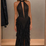 Elegance Halter Neck Beaded Ruffle Maxi Dress