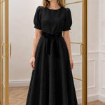 Women's Textured Puff Sleeve A-Line Midi Dress with Velvet Waist Tie