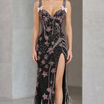 Sequined Corset Evening Gown with Bow Straps and Feather Hem