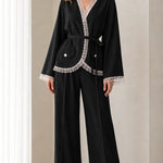 Lace Trim Wrap Blazer and Wide-Leg Pants Two-Piece Suit Set