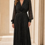 Elegant V-Neck Beaded Long Sleeve Evening Maxi Dress