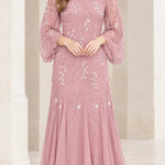 Sequined Botanical Sheer Sleeve Chiffon Maxi Evening Gown