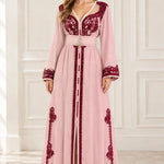 Embroidered Moroccan Kaftan V-Neck Belted Maxi Dress