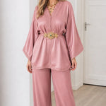 Women's Embroidered Satin Kaftan Top and Wide-Leg Pants Two-Piece Set