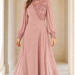 Embellished High Neck Long Sleeve Chiffon Maxi Evening Gown