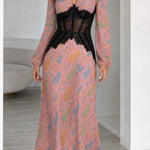 Paisley Print Lace Corset Waist Maxi Dress with Long Sleeves