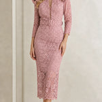 Elegant Floral Lace Belted Midi Dress with Ruffle Shoulders