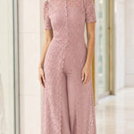 Elegant Floral Lace Overlay Wide-Leg Pantsuit with High Neck & Short Sleeves