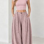 Women's High Waisted Pleated Balloon Pants Plaid Wide Leg Casual Trousers