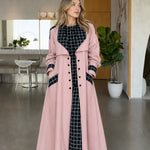 Contrast Plaid Trim Maxi Trench Coat with Buttoned Cuffs and Flap Pockets