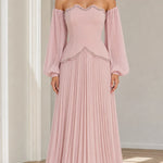 Off-The-Shoulder Beaded Scallop Choker Pleated Maxi Evening Gown