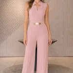Chic Notched Neckline Wide-Leg Jumpsuit with Gold Hardware Belt