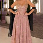 Sequined Botanical Embroidered Sleeveless Evening Gown with High Slit