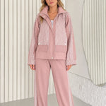 Women's Textured Contrast Zip-Up Jacket and Wide-Leg Pants Two-Piece Set